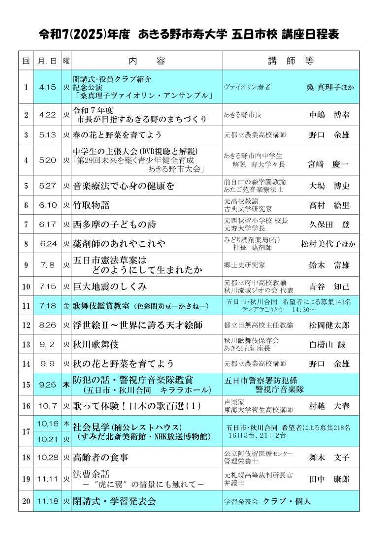 令和7年度五日市校 講座一覧