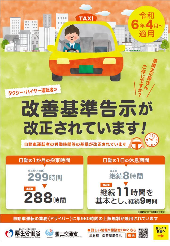 タクシー・ハイヤー運転手の改善基準告示が改正されています